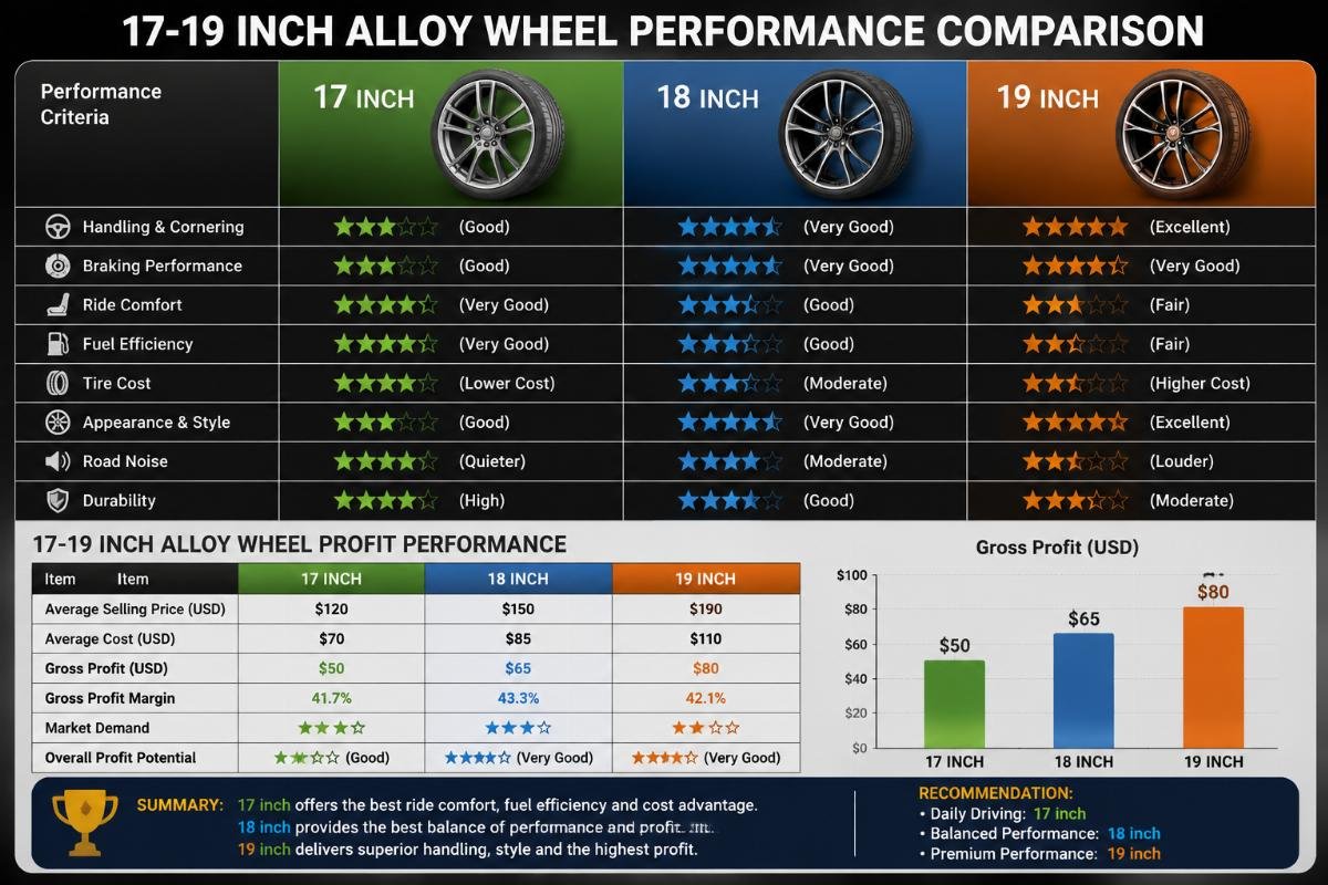 17-19 inch alloy wheel size performance comparison chart