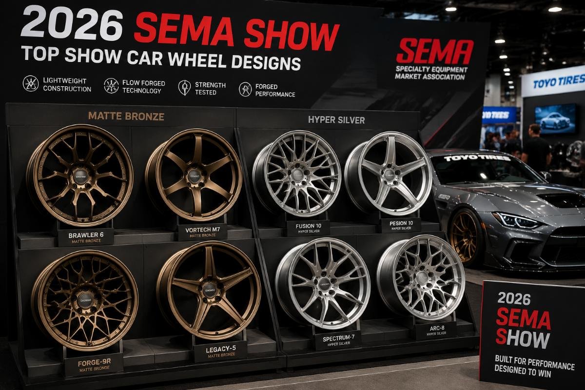 2026 SEMA show car wheel display with matte bronze and hyper silver finishes