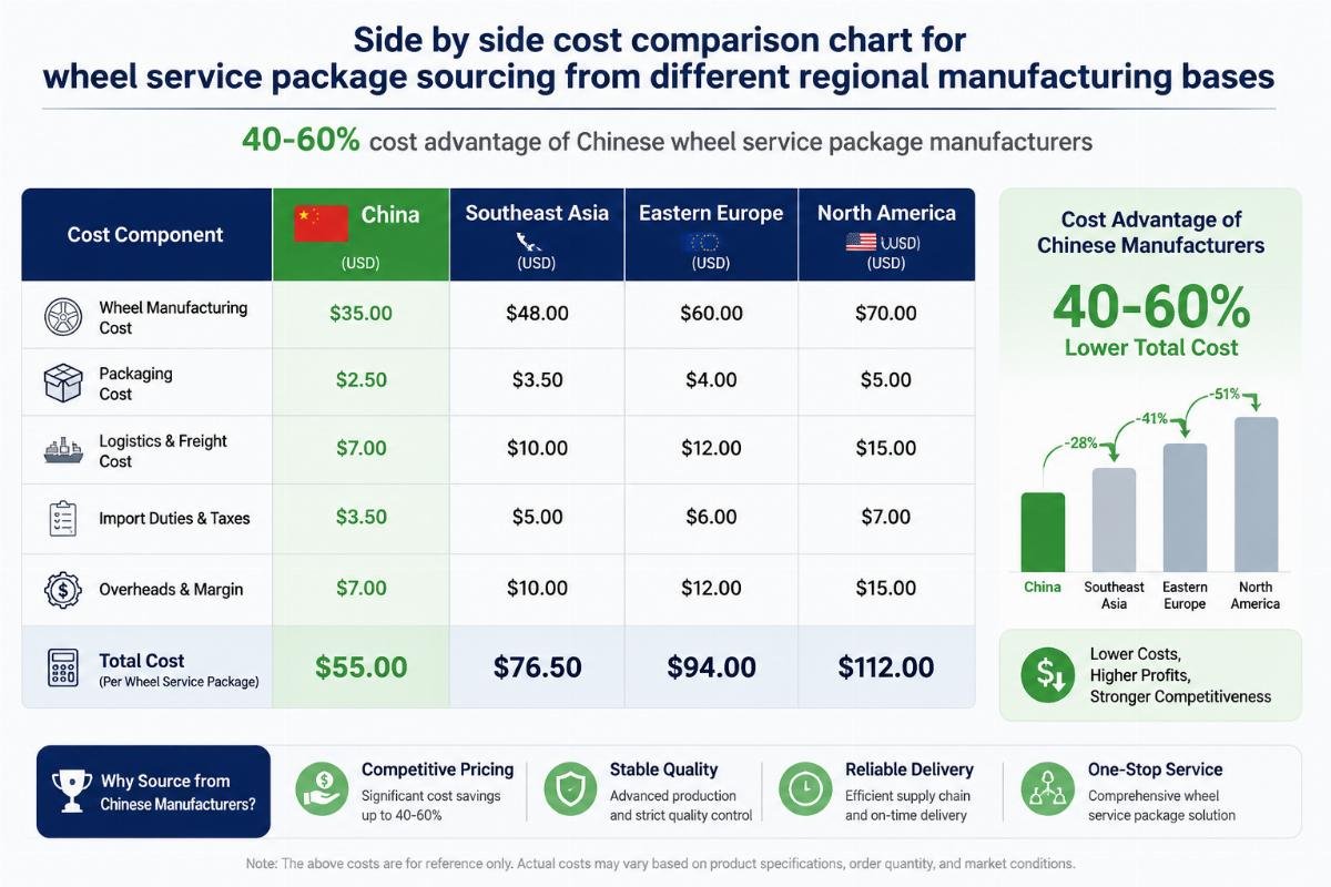 Side by side cost comparison chart for wheel service package sourcing from different regional manufacturing bases