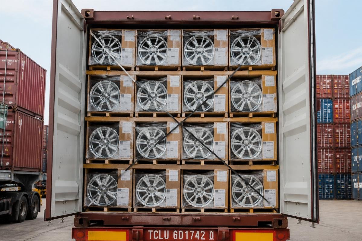 40ft container loading capacity for alloy wheels Stacked 40ft high cube container loaded with 16-inch passenger car wheels