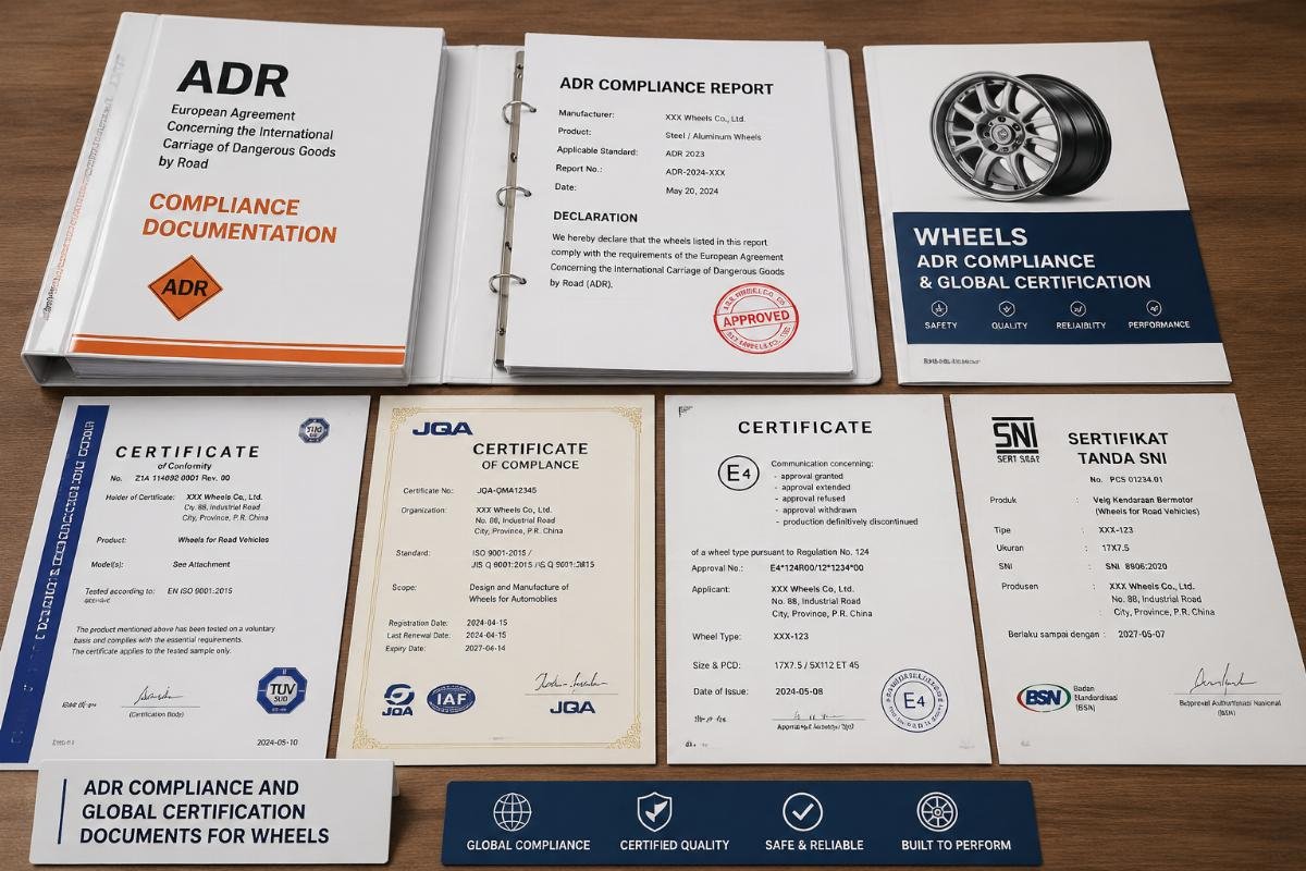 A sample of ADR compliance documentation and global certification certificates laid out for reference