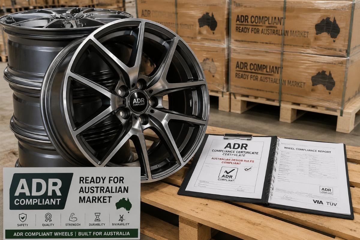 ADR compliant wheels ready for Australian market A stack of compliant alloy wheels ready for shipping to Australian ports, with ADR compliance documentation laid beside
