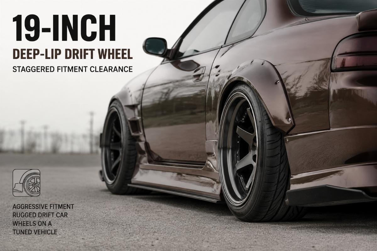 Side profile of a 19-inch deep-lip drift wheel mounted on a tuned coupe, showing staggered fitment clearance