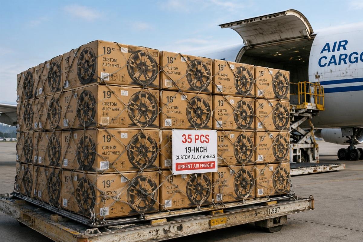 Air freight for small urgent custom wheel batches Air cargo pallet loaded with 35 pieces of 19-inch custom alloy wheels