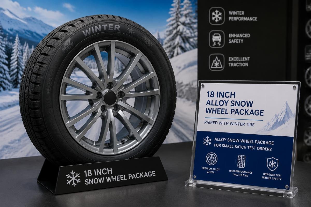 Alloy snow wheel package for small batch test orders 18 inch alloy snow wheel package paired with winter tire on display