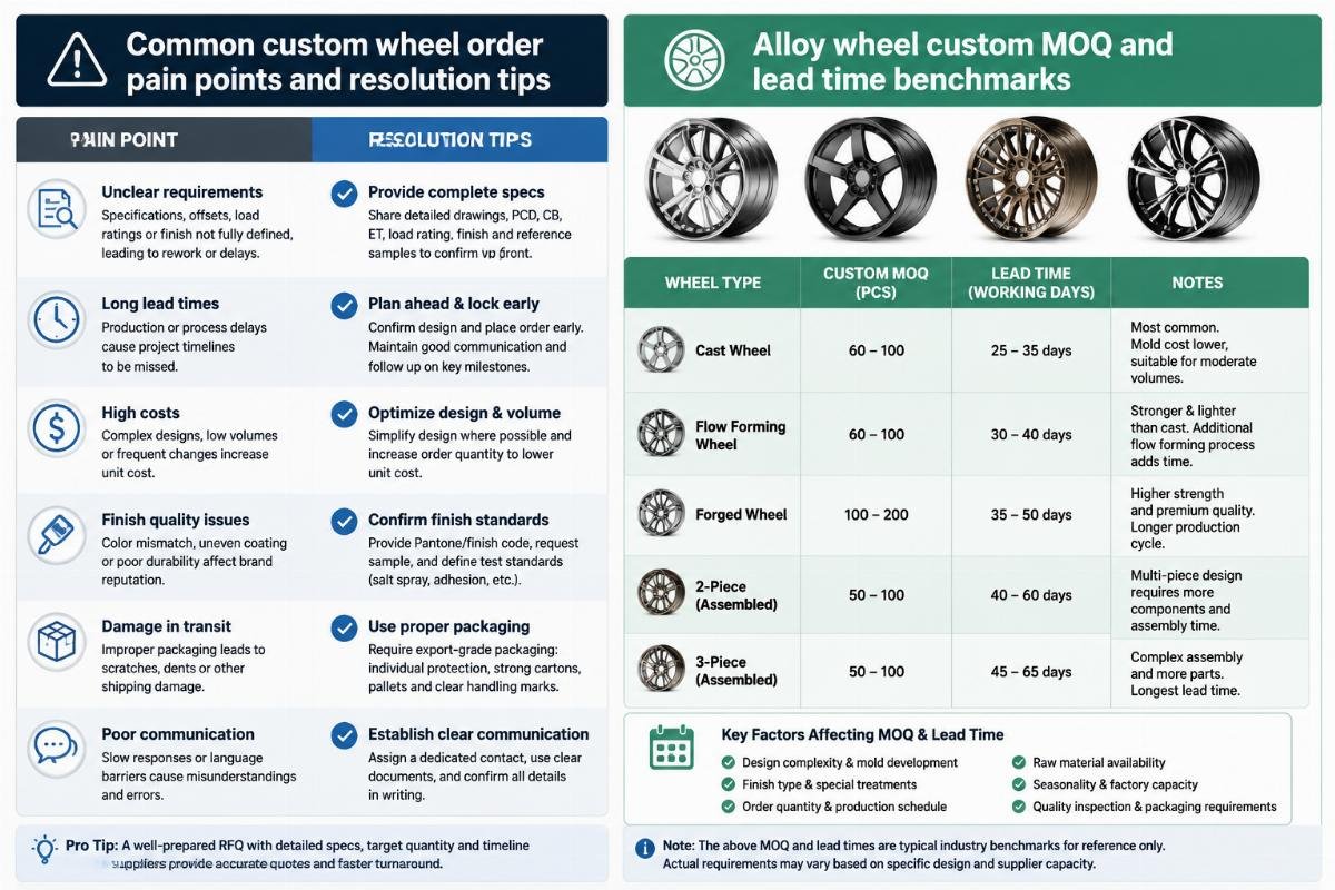 Alloy wheel custom MOQ and lead time benchmarks Common custom wheel order pain points and resolution tips
