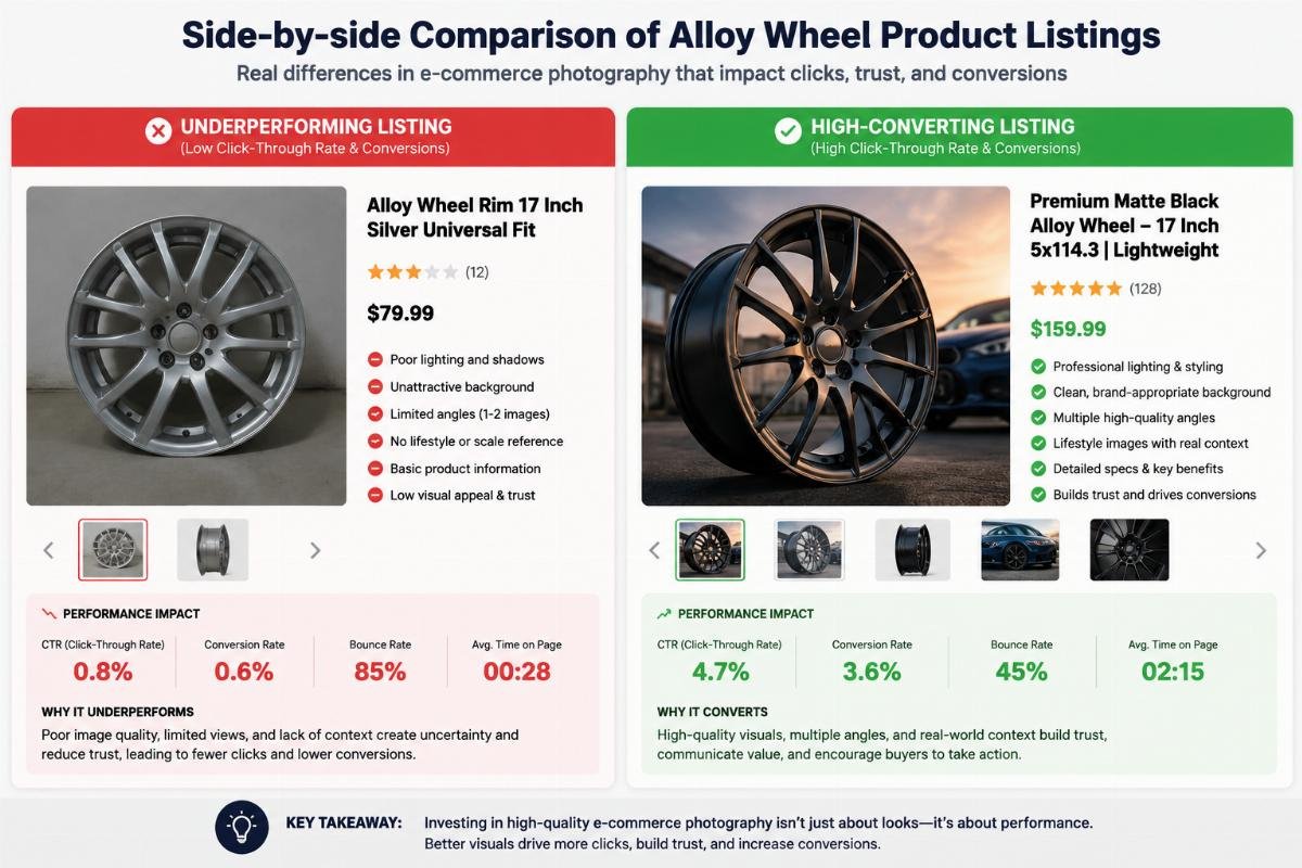 Side-by-side comparison of underperforming and high-converting alloy wheel product listings
