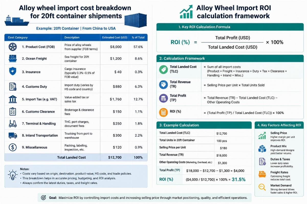 Alloy wheel import cost breakdown for 20ft container shipments