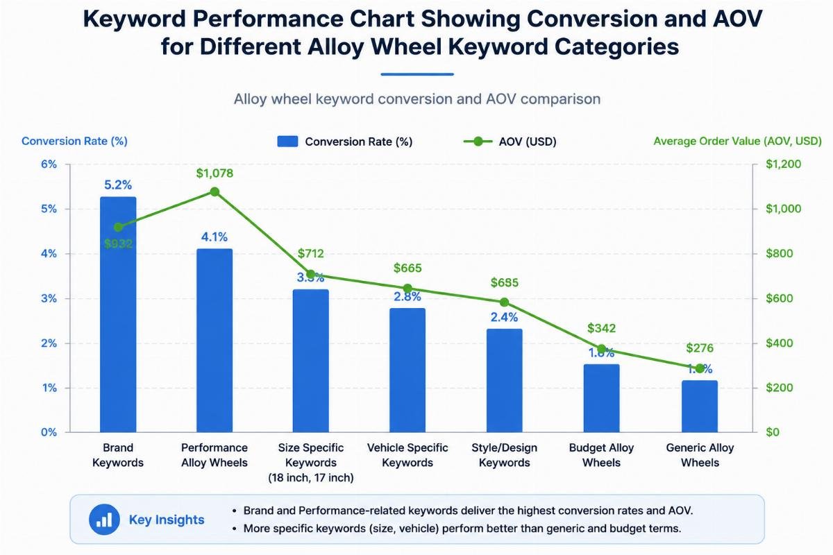 Keyword performance chart showing conversion and AOV for different alloy wheel keyword categories