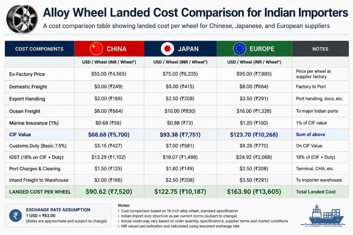 A cost comparison table showing landed cost per wheel for Chinese, Japanese, and European suppliers