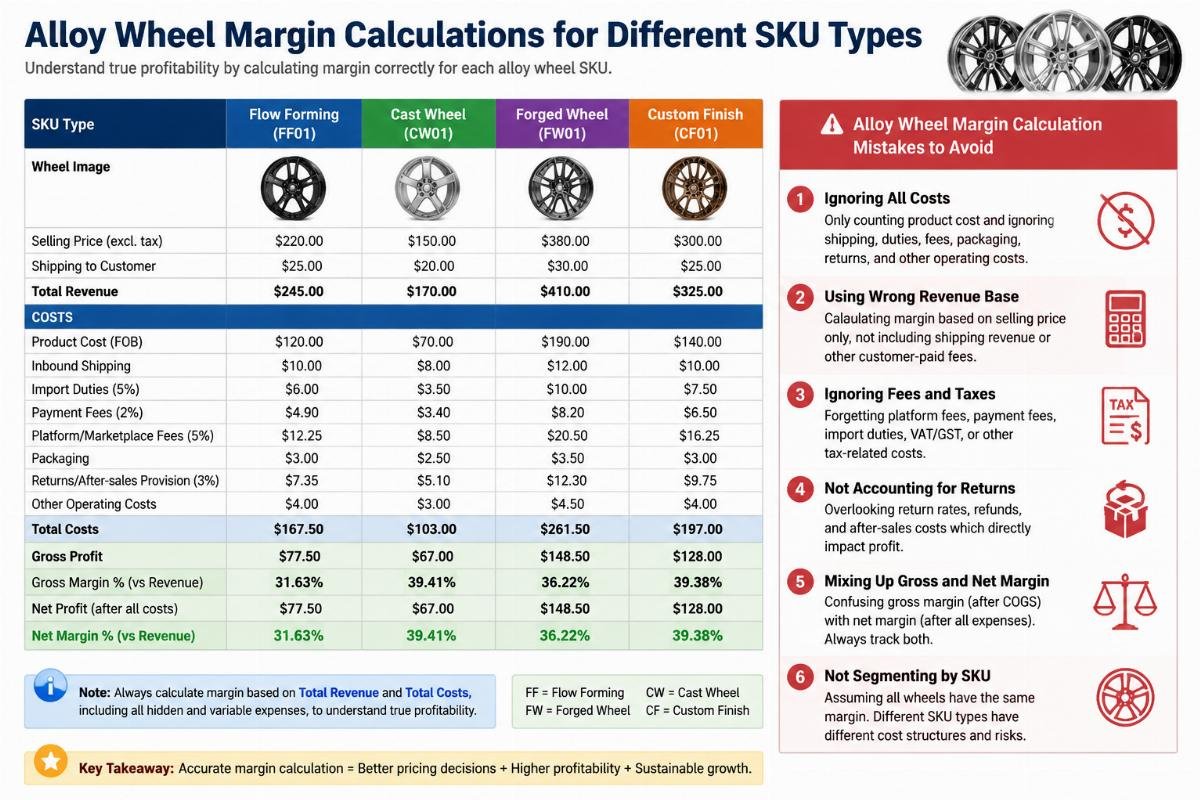 A spreadsheet showing margin calculations for different alloy wheel SKU types