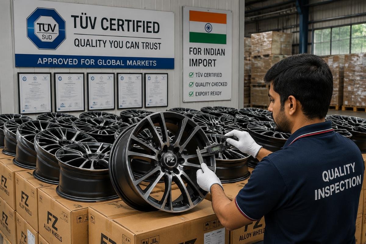 A batch of TüV-certified alloy wheels being inspected for quality consistency before shipment
