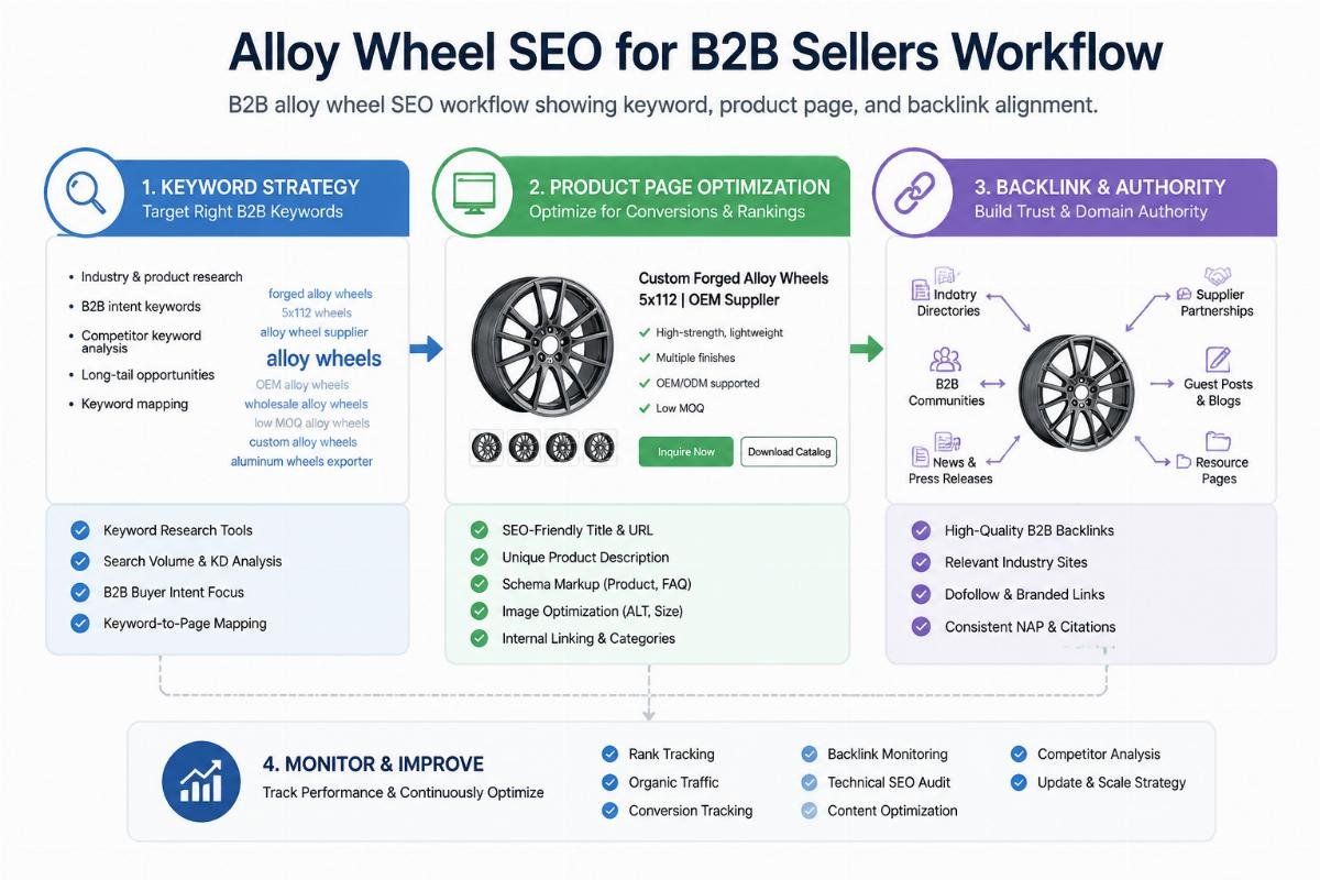B2B alloy wheel SEO workflow showing keyword, product page, and backlink alignment