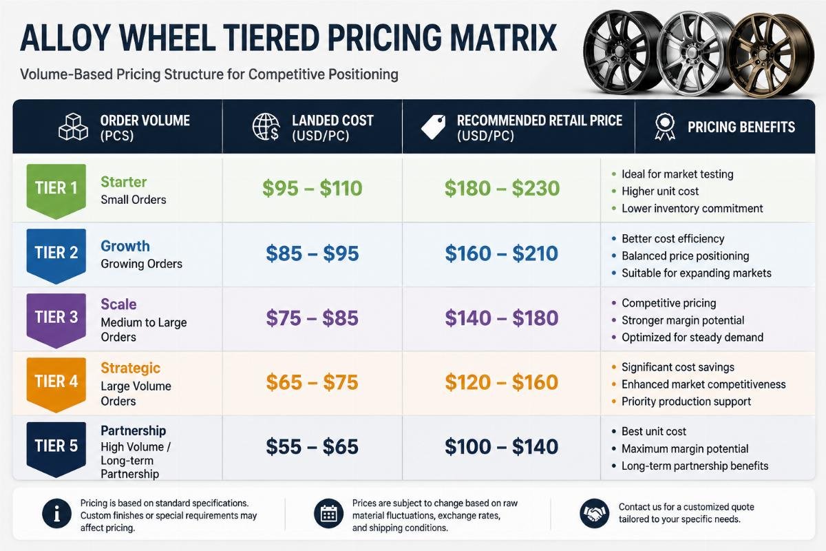 A tiered pricing matrix showing order volume, landed cost, and recommended retail price brackets