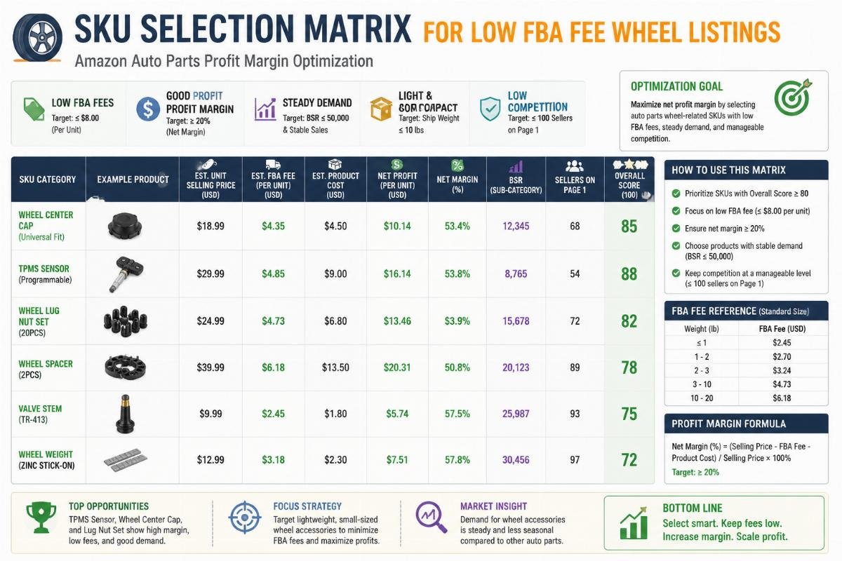 Amazon auto parts profit margin optimization SKU selection matrix for low FBA fee wheel listings
