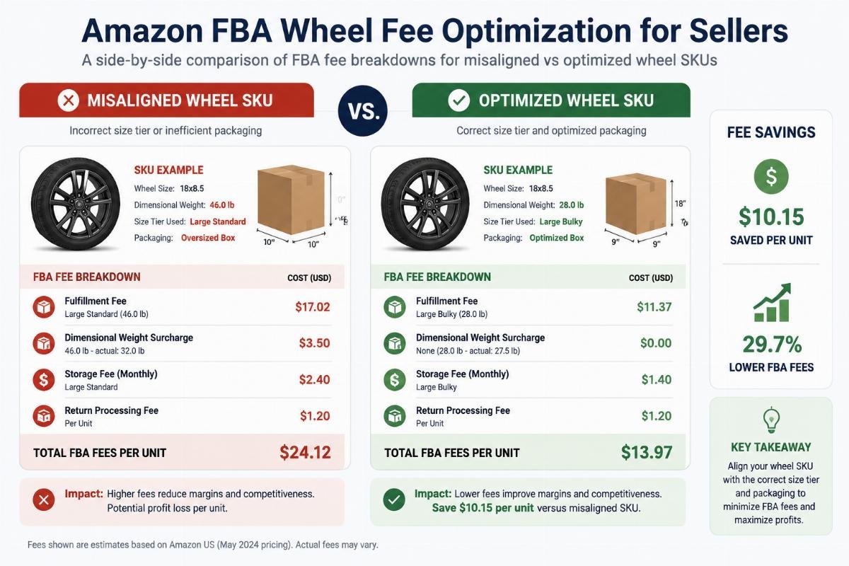 A side-by-side comparison of FBA fee breakdowns for misaligned vs optimized wheel SKUs
