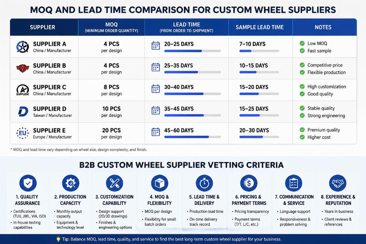 B2B custom wheel supplier vetting criteria MOQ and lead time comparison for custom wheel suppliers