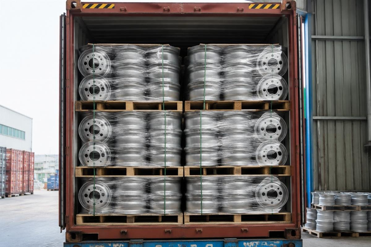 Bulk commercial wheel container shipping from China Container loading of bulk commercial van wheels for export