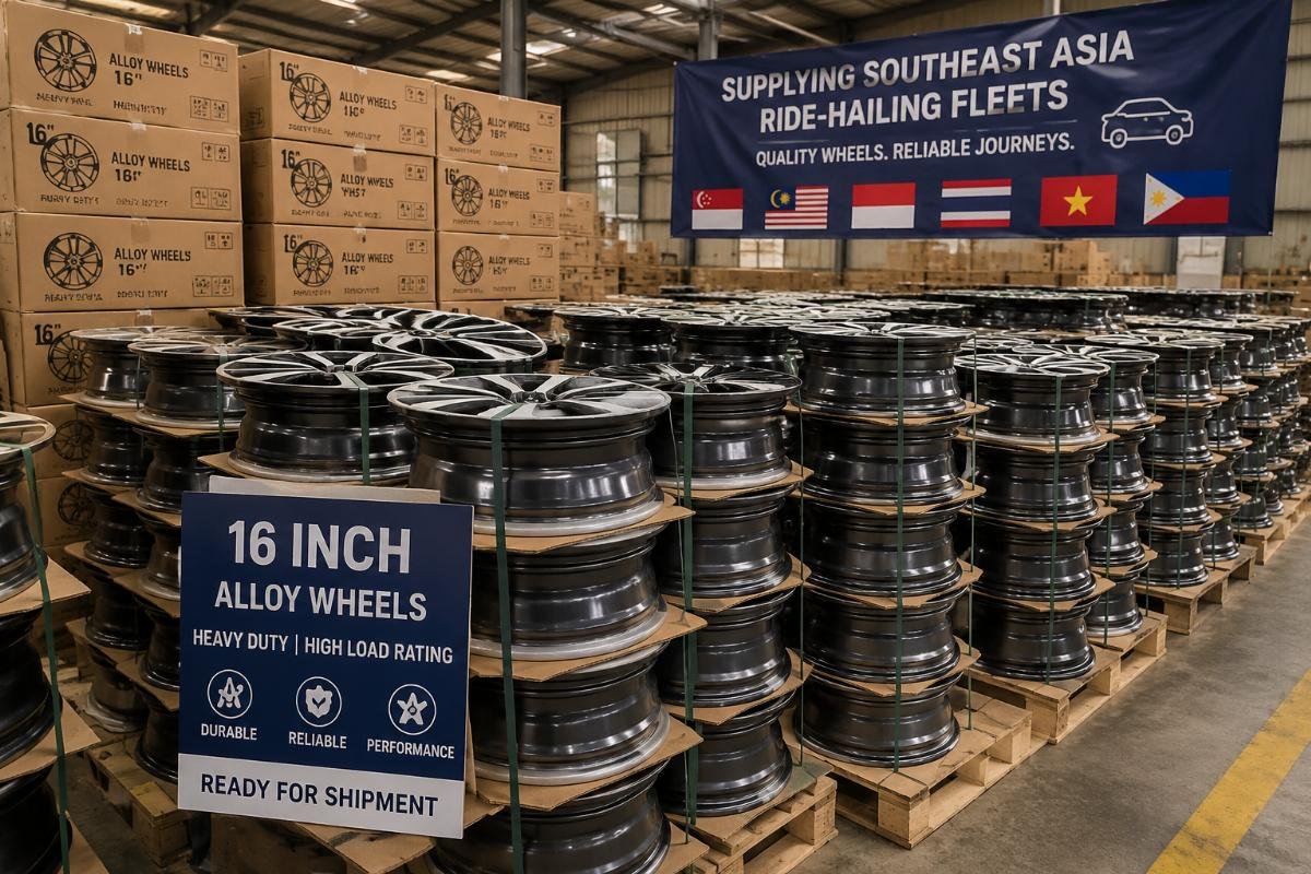 Bulk ride-hailing alloy wheel stock for fleet operators Heavy duty 16 inch alloy wheels stacked in a warehouse ready for shipment to a Southeast Asian ride-hailing fleet
