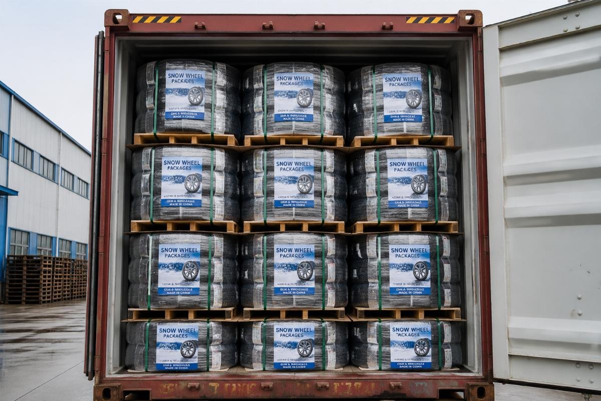 Bulk snow wheel packages for OEM and wholesale procurement Bulk snow tire wheel packages loaded into a shipping container for export
