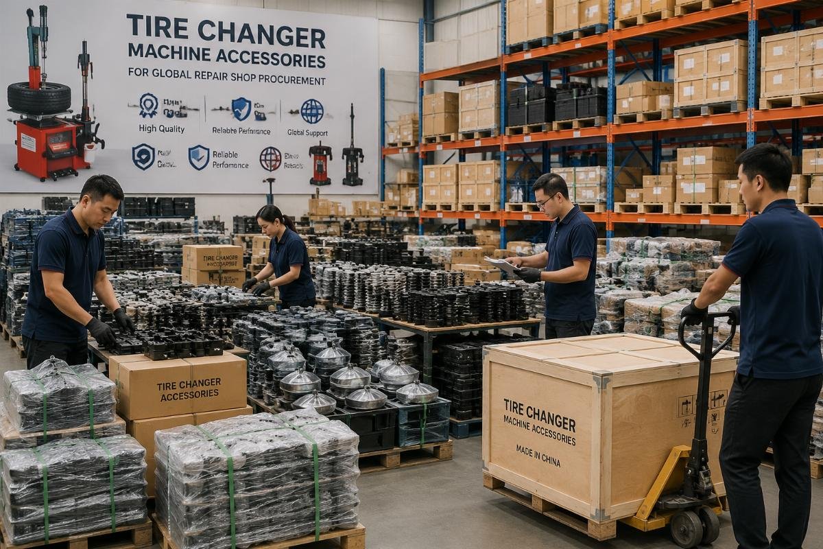 A warehouse team sorting stacked bulk tire changer machine accessories ready for shipping