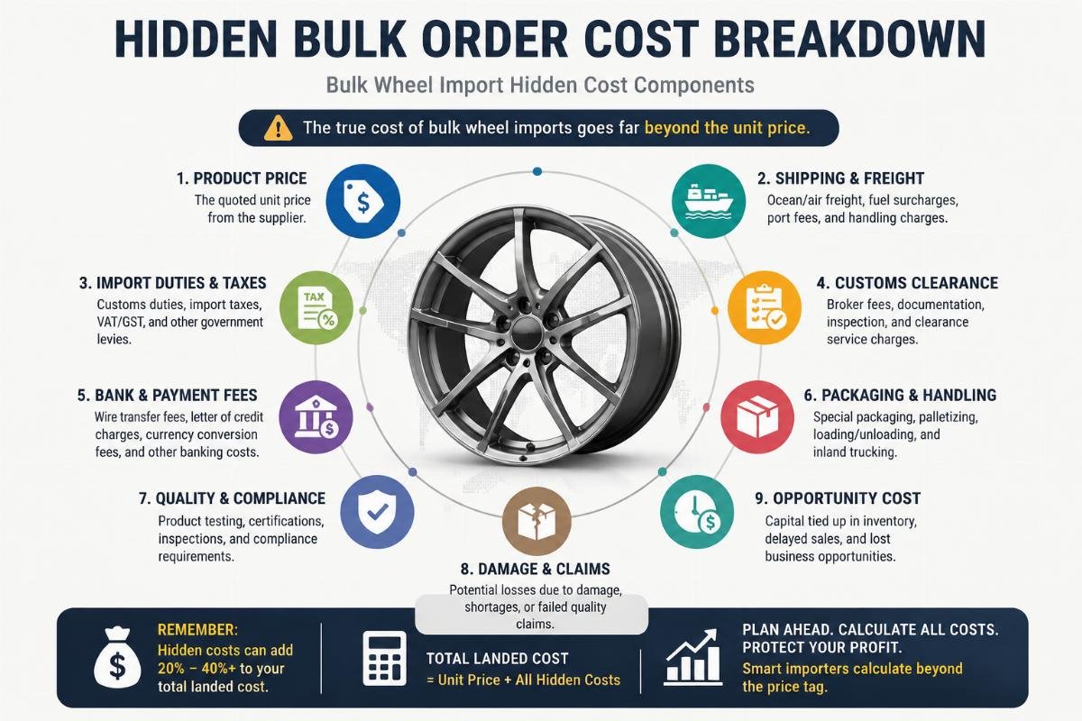 Bulk wheel import hidden cost components Hidden bulk order cost breakdown infographic