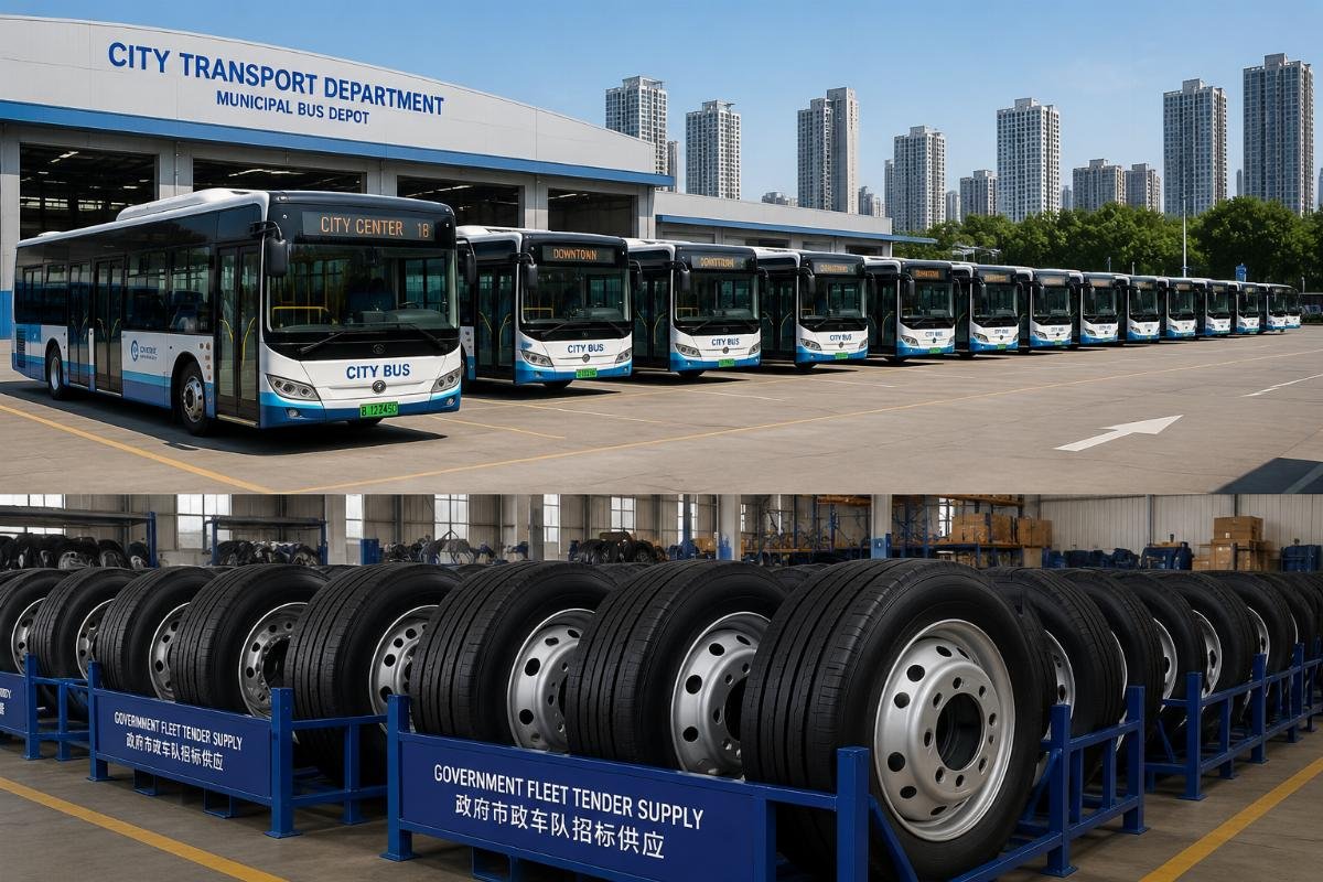 Municipal public bus fleet parked at a central depot