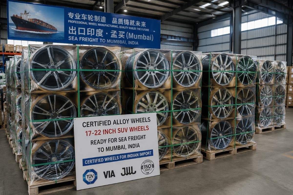 A stack of certified 17-22 inch SUV alloy wheels in a Chinese factory warehouse, ready for sea freight to Mumbai