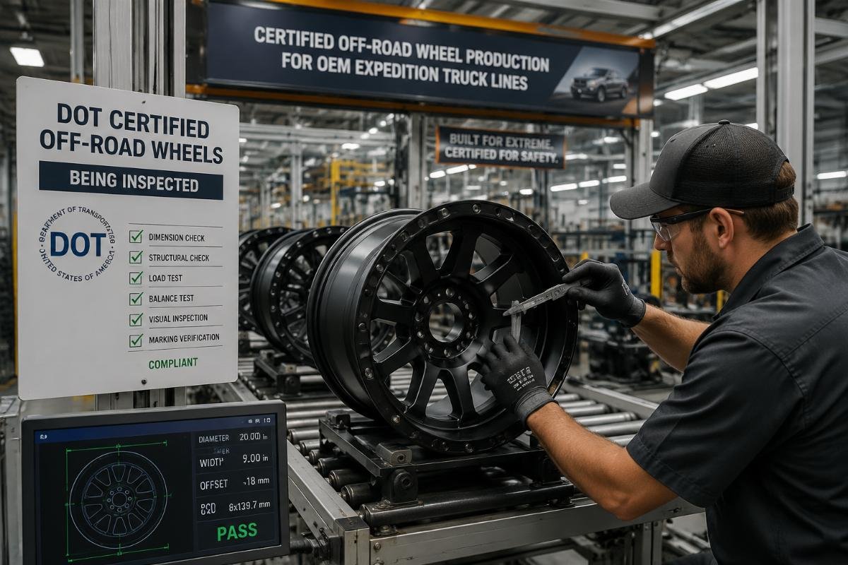 Certified off-road wheel production for OEM expedition truck lines DOT certified off-road wheels being inspected on a production line