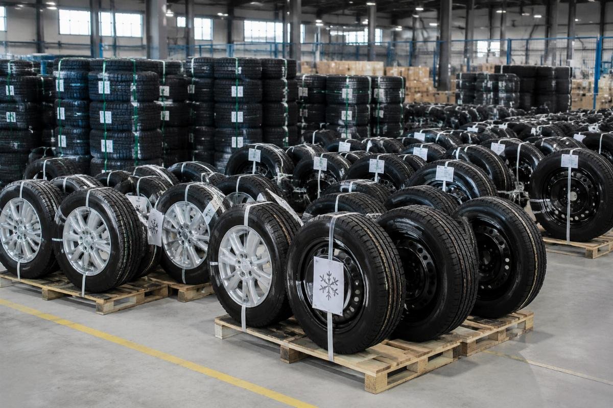 Certified steel and alloy snow wheel packages for bulk order Certified snow tire wheel packages arranged in a factory warehouse