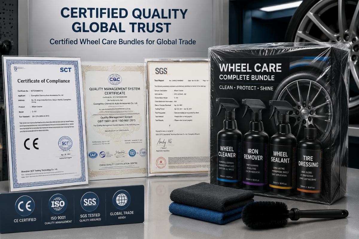 Certification documents displayed alongside a sealed wheel care product bundle