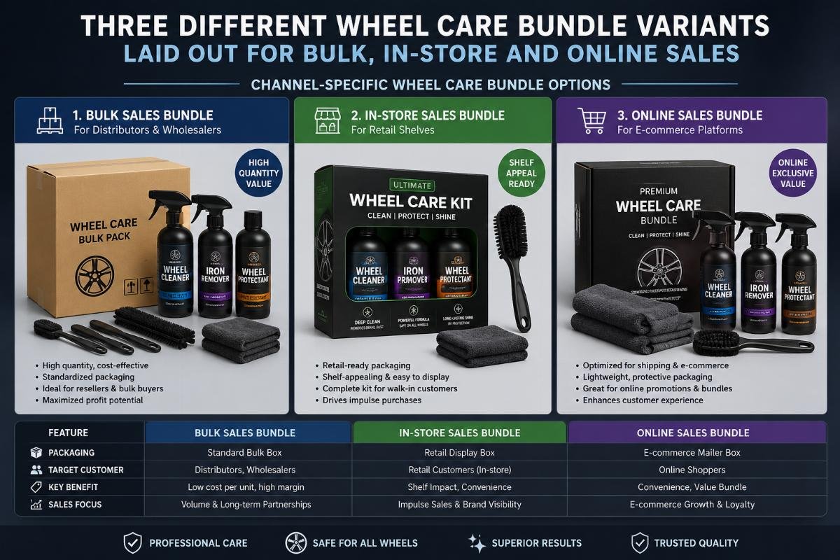 Three different wheel care bundle variants laid out for bulk, in-store and online sales