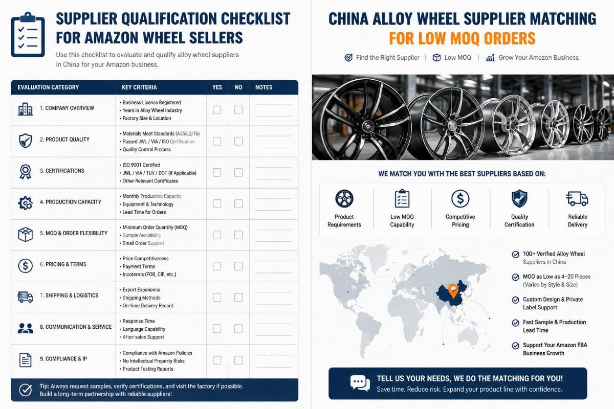 China alloy wheel supplier matching for low MOQ orders Supplier qualification checklist for Amazon wheel sellers