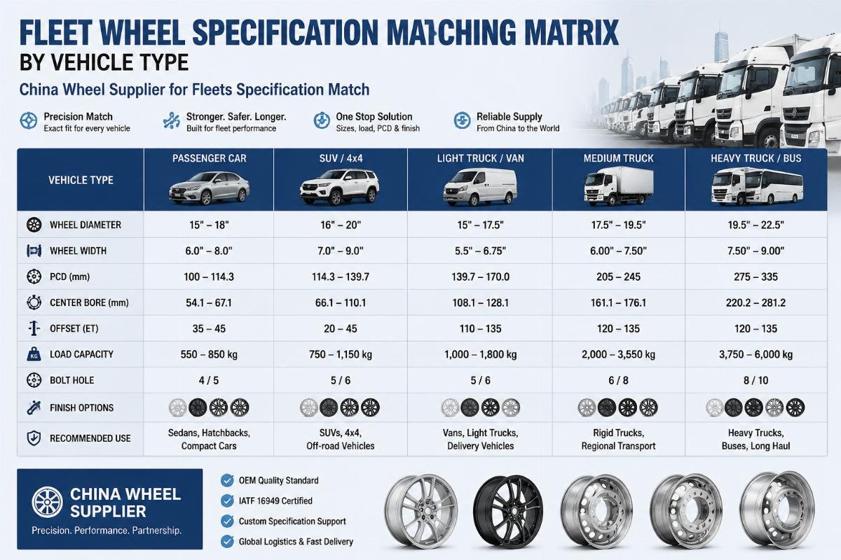China wheel supplier for fleets specification match Fleet wheel specification matching matrix by vehicle type