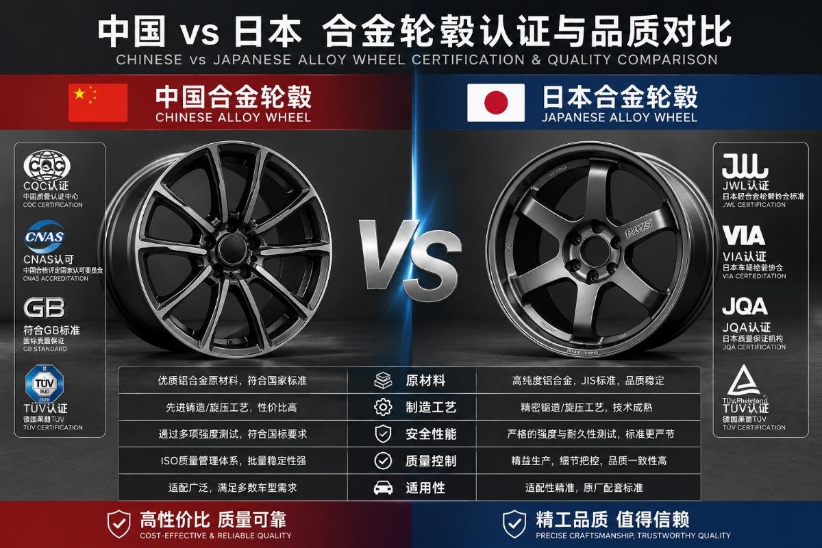 Side-by-side display of certified Chinese and Japanese alloy wheels with certification badge overlays