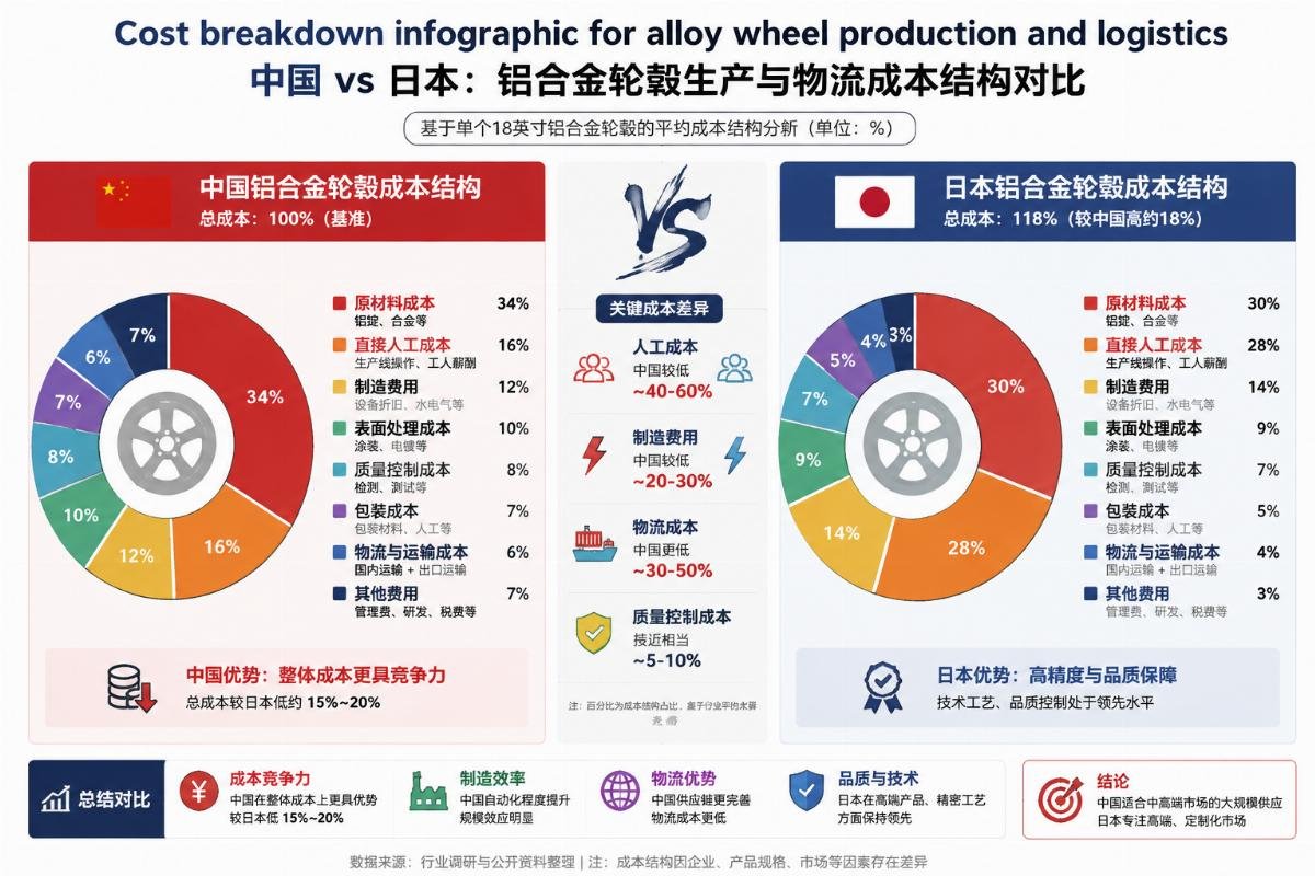 Cost breakdown infographic for alloy wheel production and logistics