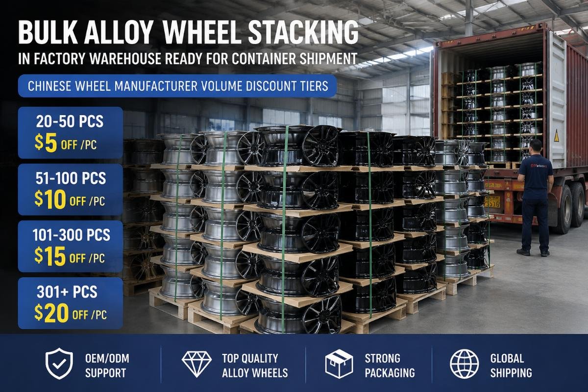 Bulk alloy wheel stacking in factory warehouse ready for container shipment