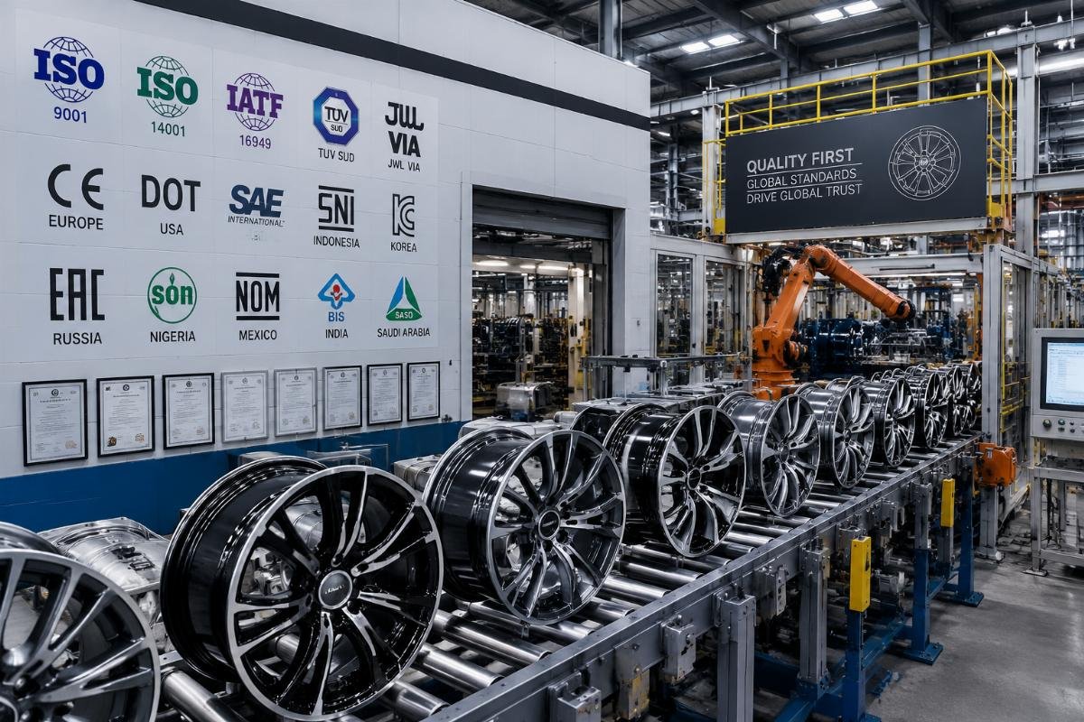 Chinese wheel manufacturer with multi-market certification A factory production line manufacturing alloy wheels with multiple certification badges displayed on the wall