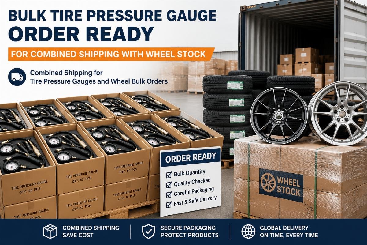 Combined shipping for tire pressure gauges and wheel bulk orders Bulk tire pressure gauge order ready for combined shipping with wheel stock