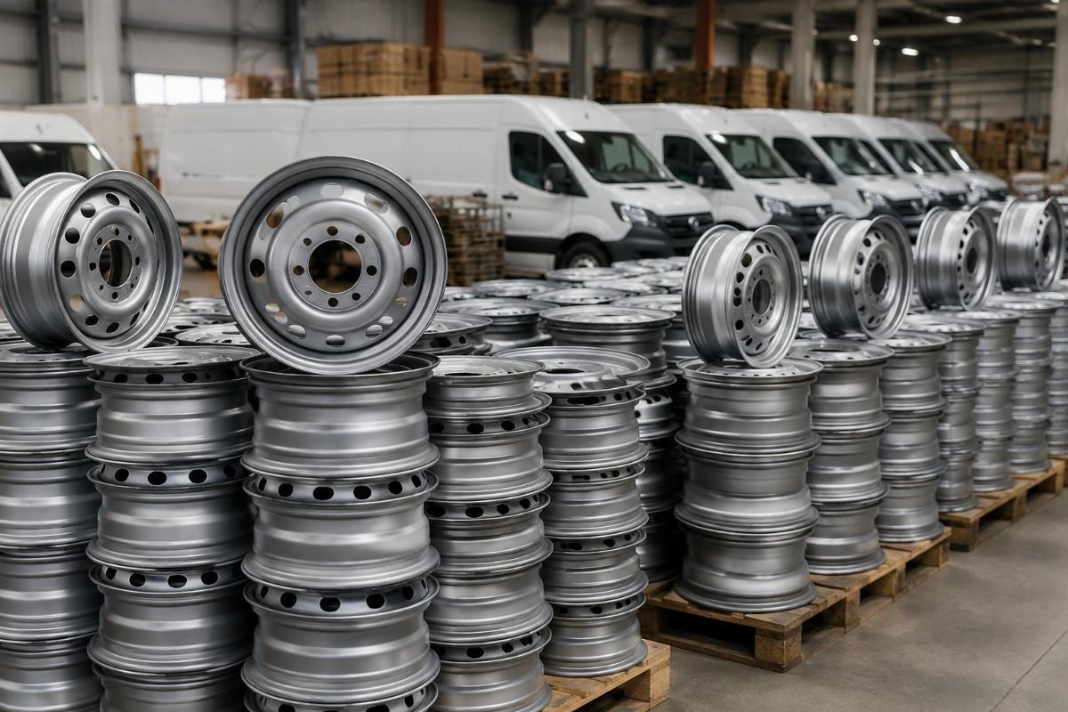 Bulk commercial van wheel stacking in factory warehouse