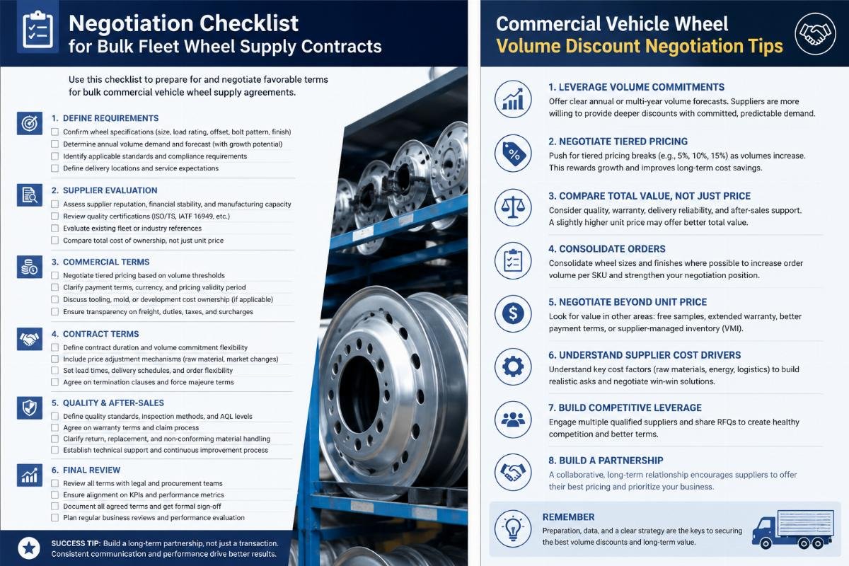 Commercial vehicle wheel volume discount negotiation tips Negotiation checklist document for bulk fleet wheel supply contracts