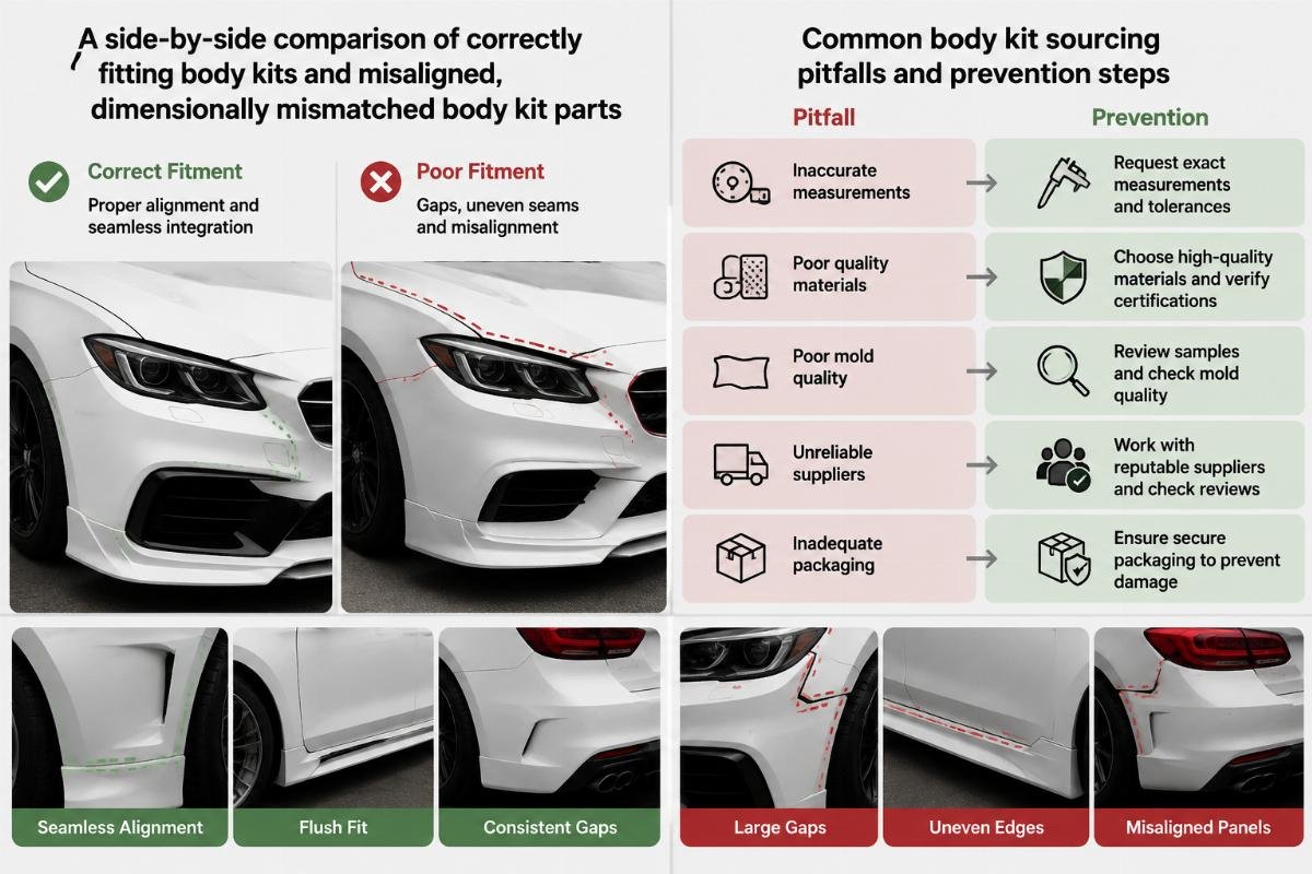 Common body kit sourcing pitfalls and prevention steps A side-by-side comparison of correctly fitting body kits and misaligned, dimensionally mismatched body kit parts