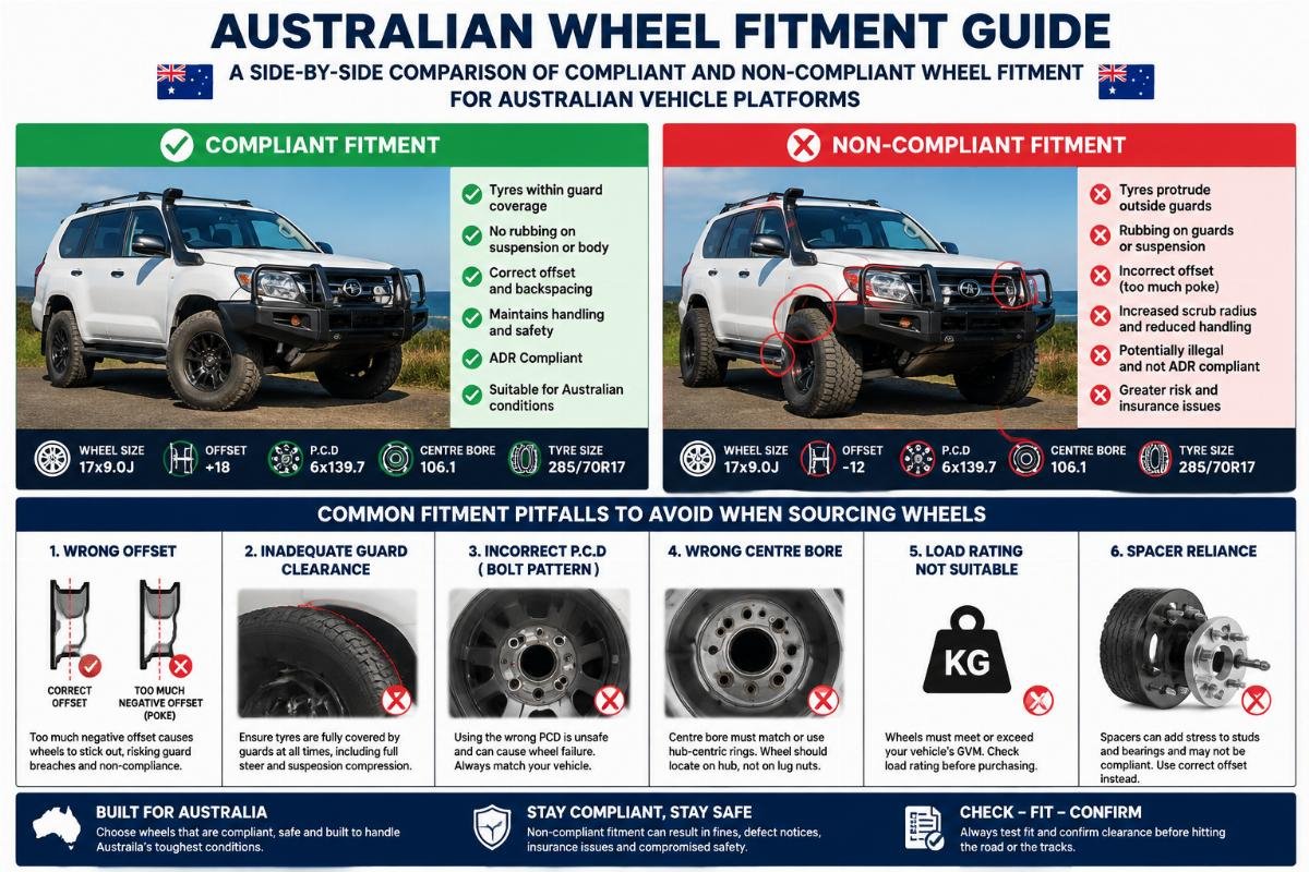 Common fitment pitfalls to avoid when sourcing wheels A side-by-side comparison of compliant and non-compliant wheel fitment for Australian vehicle platforms