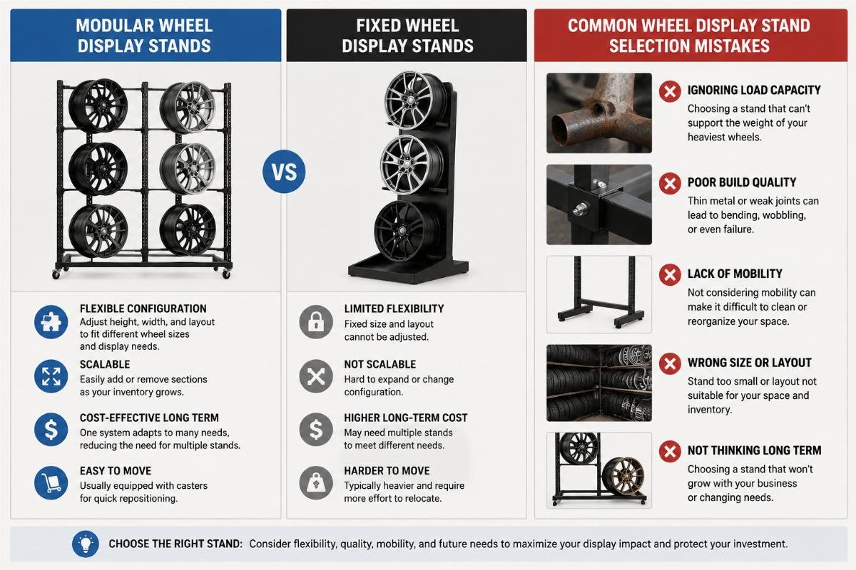 Common wheel display stand selection mistakes Comparison of modular vs fixed wheel display stands