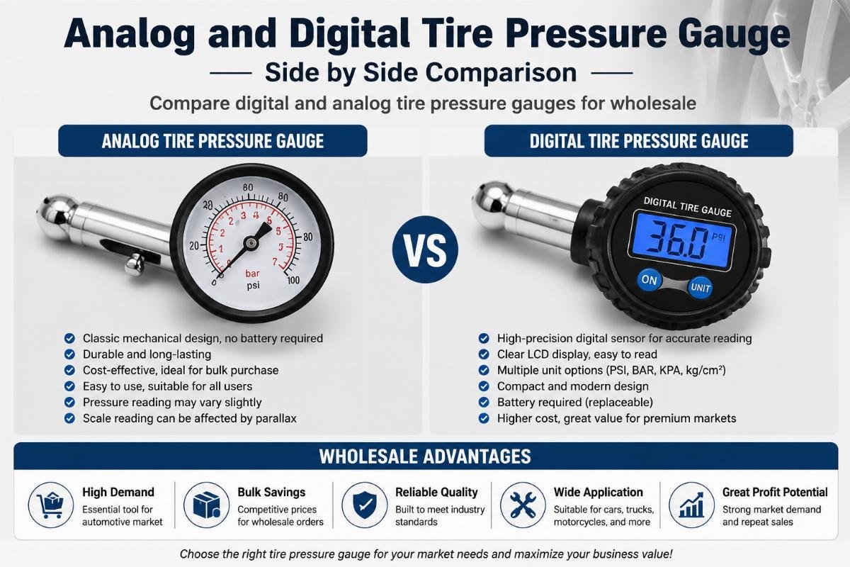 Analog and digital tire pressure gauge side by side comparison