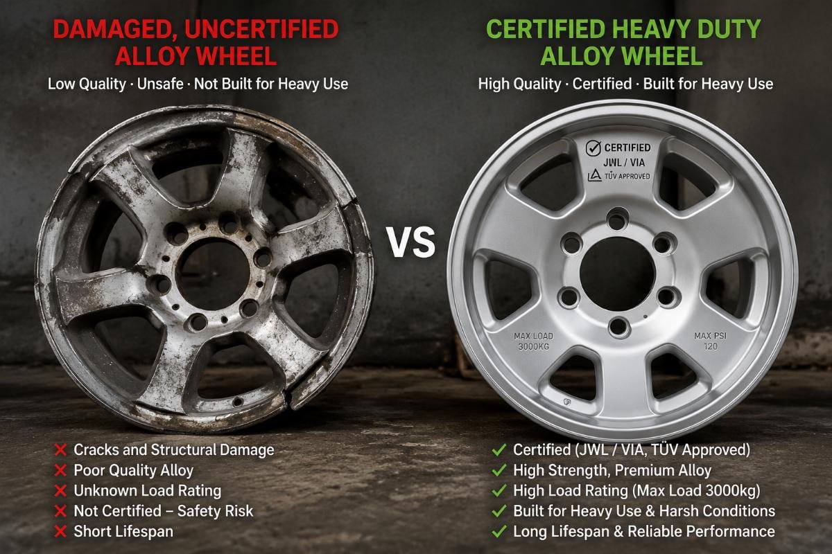 Comparison of damaged low quality wheel vs certified heavy duty wheel A damaged uncertified alloy wheel next to an intact certified wheel built for heavy use