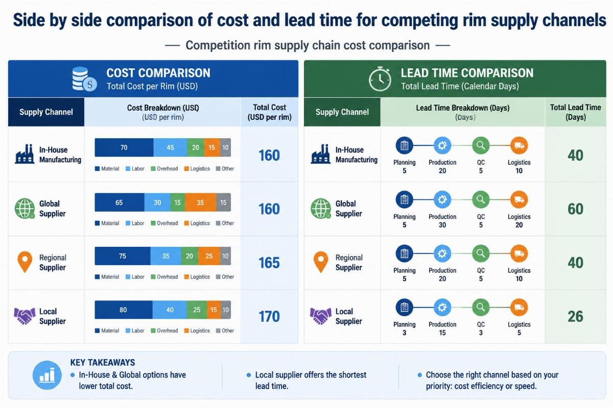 Competition rim supply chain cost comparison Side by side comparison of cost and lead time for competing rim supply channels