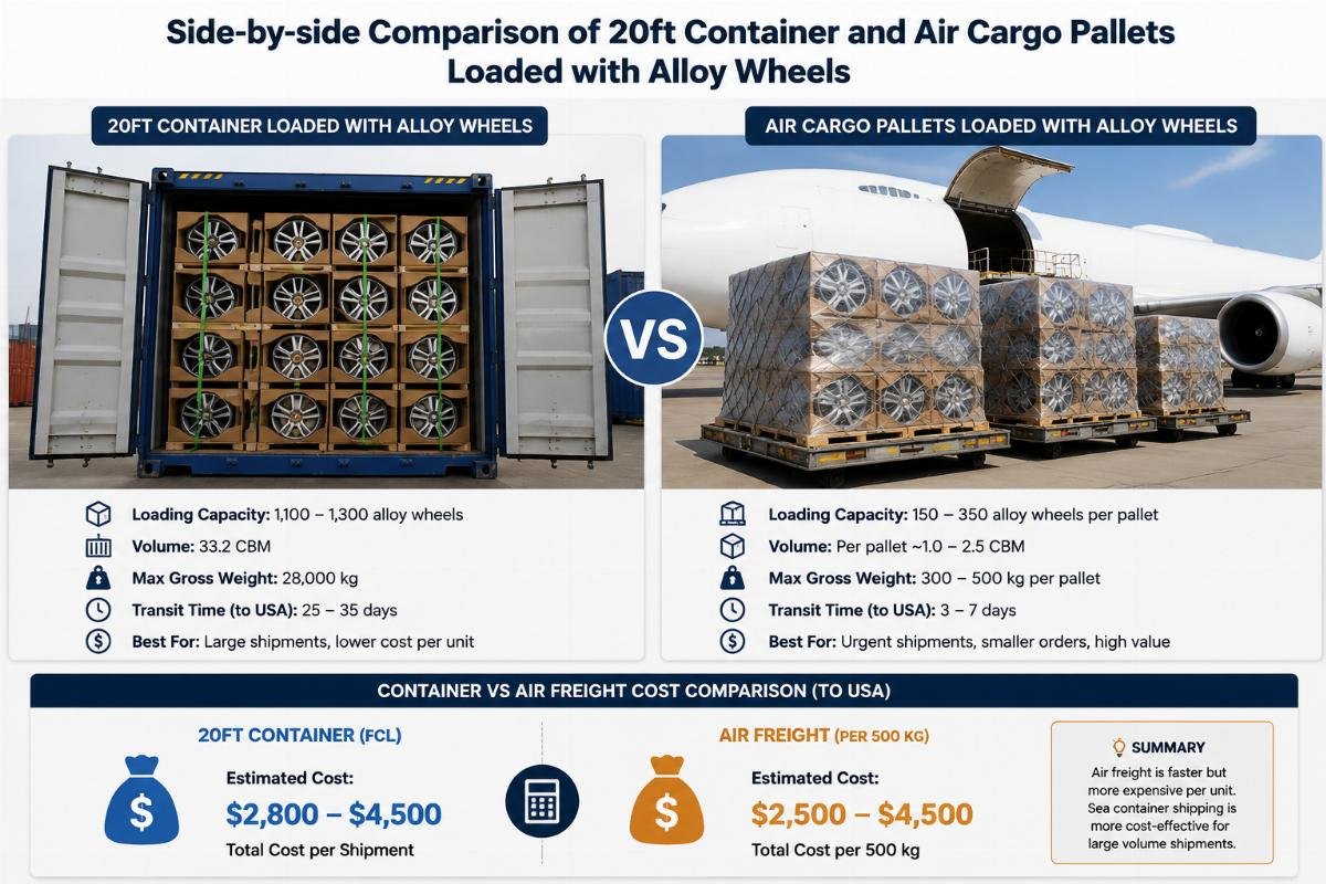 Side-by-side comparison of 20ft container and air cargo pallets loaded with alloy wheels
