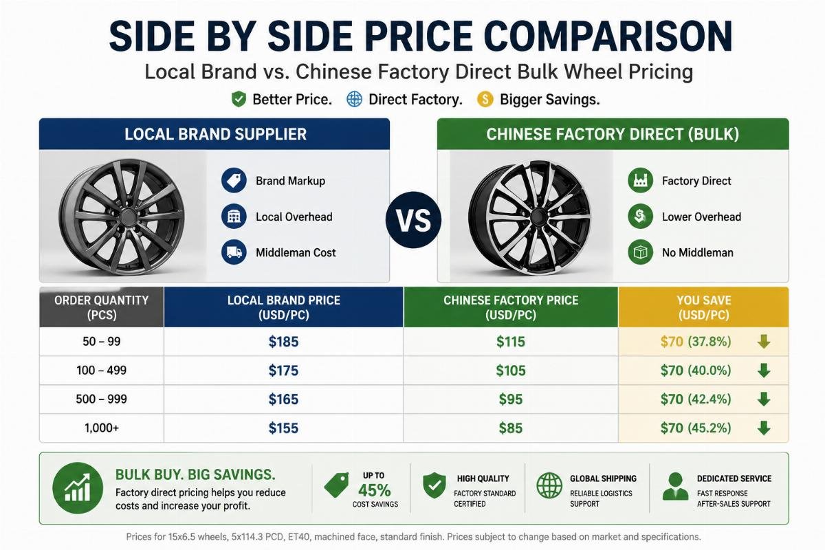 Side by side price comparison chart between local brand and Chinese factory direct bulk wheel pricing