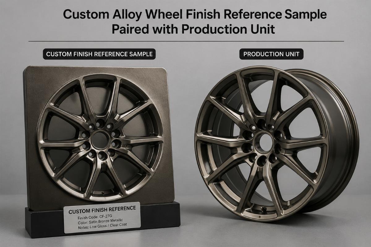 Custom alloy wheel finish reference sample paired with a production unit